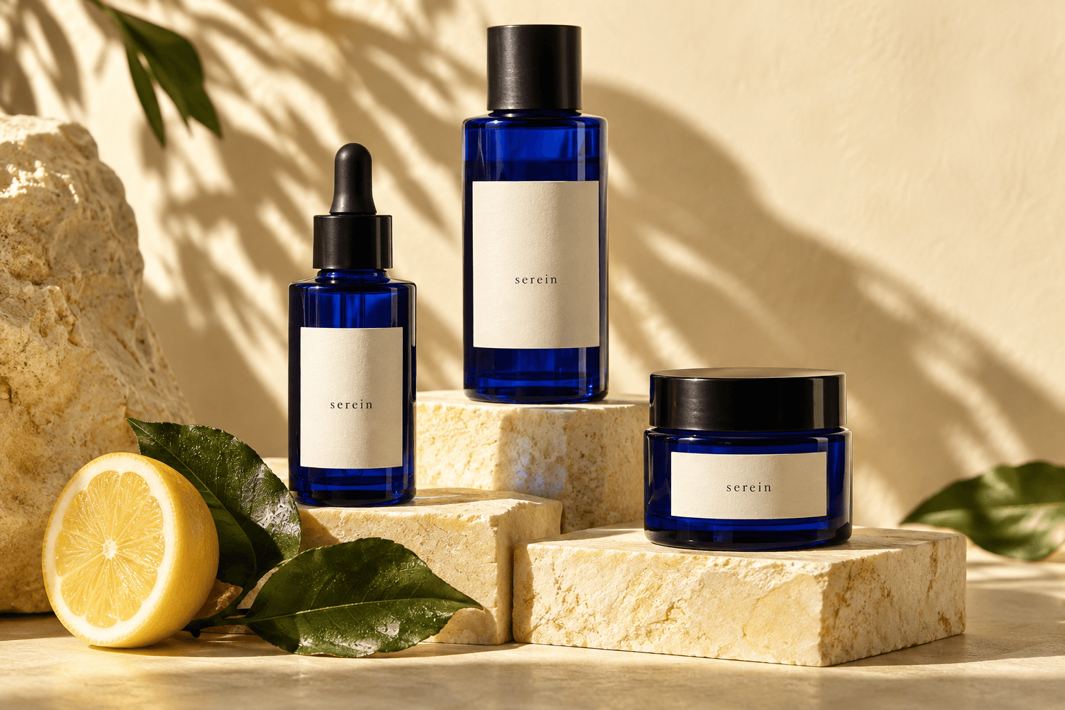 Cobalt blue skincare bottles on sunlit stone