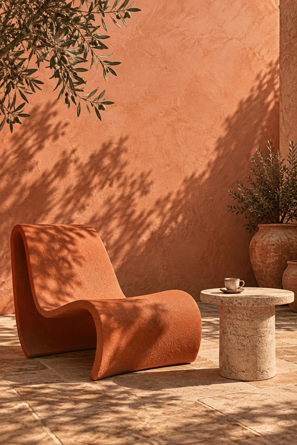 Terracotta lounge chair in a sunlit Mediterranean courtyard